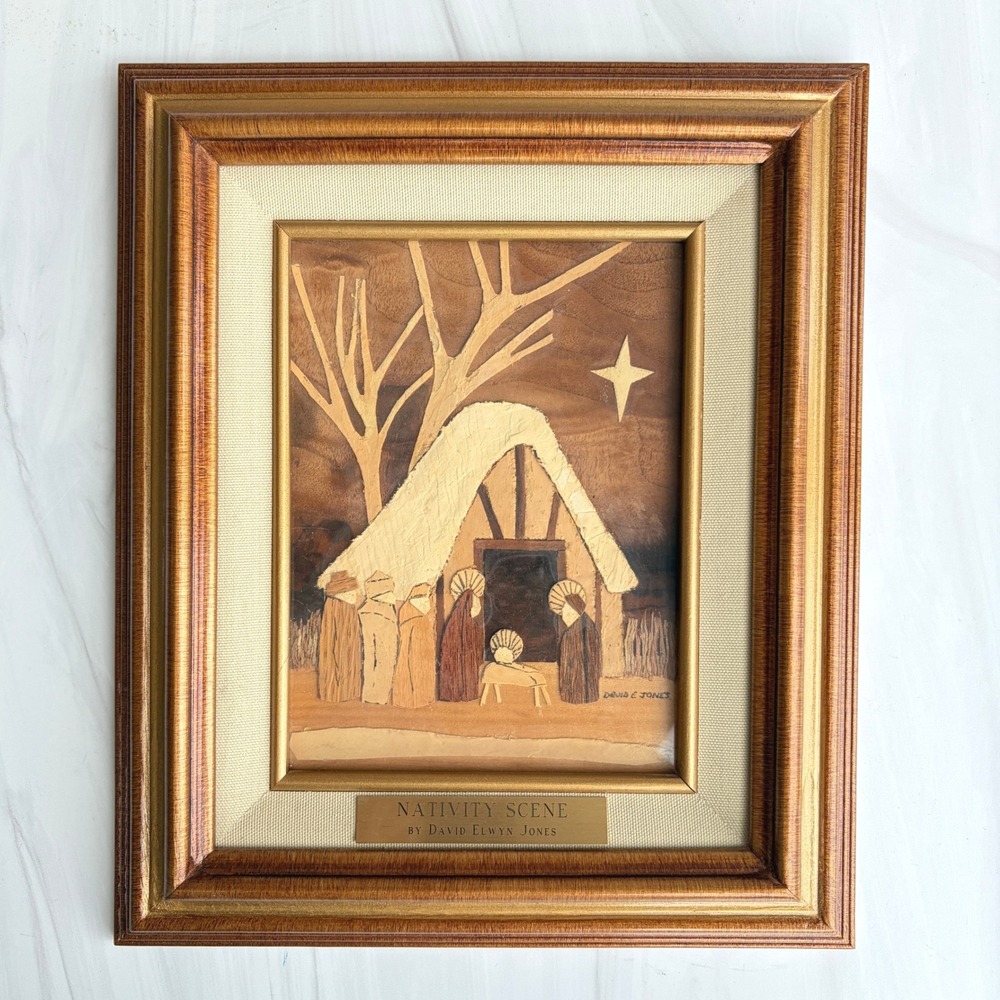 David Elwyn Jones Nativity Scene Melaleuca Bark Art Framed 12.5x10.5